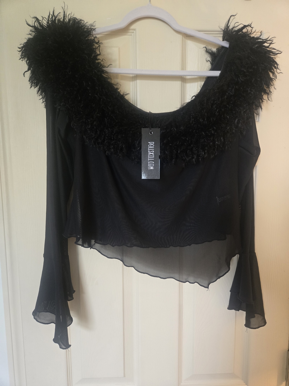 Dolls Kill Black Feather-Trim Sheer Off-Shoulder 1X Top